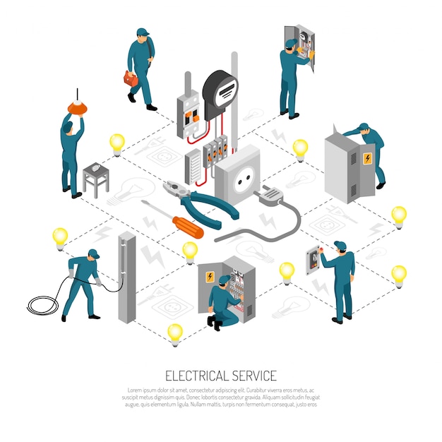Composición isométrica de personas electricista con linieros haciendo varios trabajos ilustración vectorial