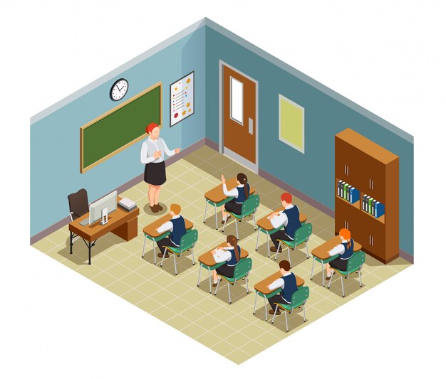 Composición isométrica de personas de la escuela secundaria con el interior de la sala de clase y personajes de maestra e ilustración de estudiantes