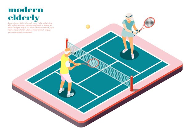 Composición isométrica de personas mayores modernas con personas masculinas y femeninas jugando tenis en la cancha