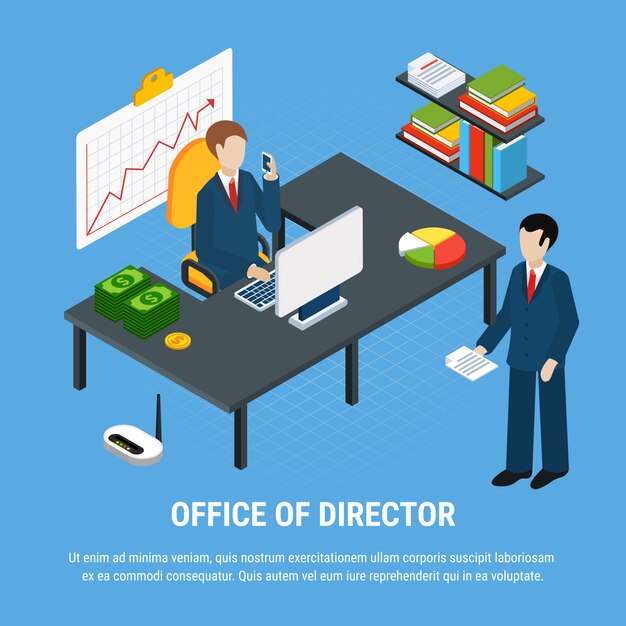 Composición isométrica de personas de negocios con imágenes de elementos interiores de oficina con ilustración de vector de gerente superior y empleado subordinado