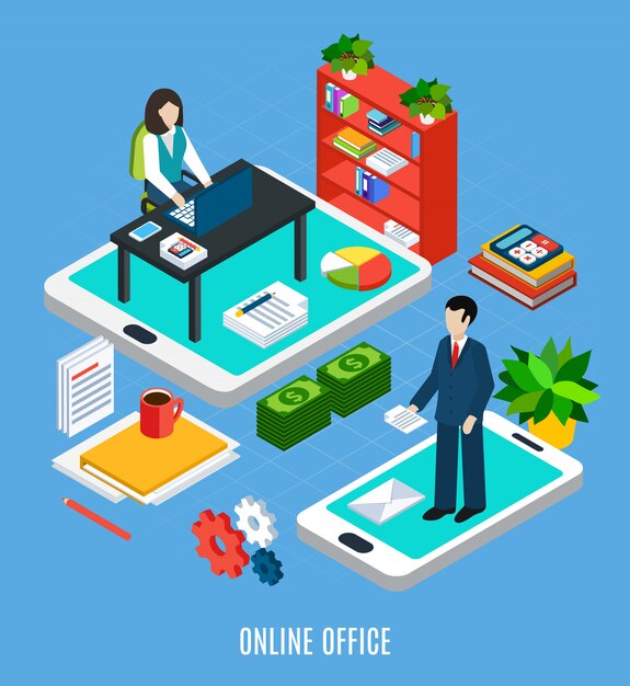 Composición isométrica de personas de negocios con imágenes de muebles de oficina y trabajadores en la parte superior de la ilustración de vector de gadgets de pantalla táctil