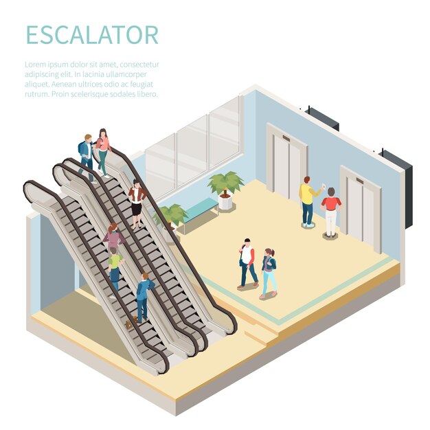 Composición isométrica con personas que usan escaleras mecánicas y esperan la ilustración 3d del ascensor