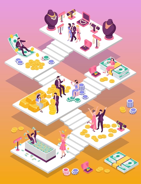 Composición isométrica de personas ricas con dinero y símbolos de vida de lujo ilustración vectorial