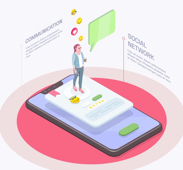 Composición isométrica de personas de sociedad con carácter de mujer en la parte superior del teléfono