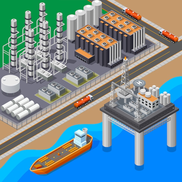 Composición isométrica con petrolero de refinería de petróleo y plataforma marítima ilustración vectorial 3d