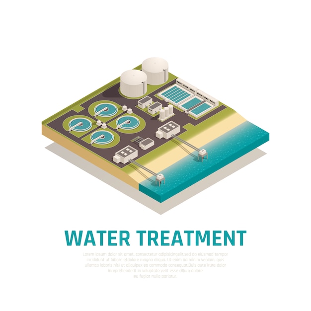 Composición isométrica de planta de tratamiento de agua avanzada con cuencas de decantación filtración separación oxidación instalaciones de purificación de aguas residuales