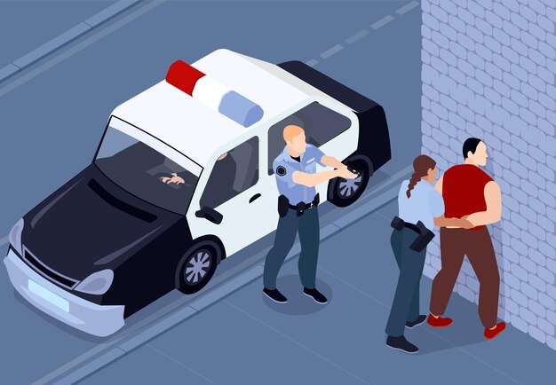 Composición isométrica de la policía con paisaje de calle trasera al aire libre con coche de patrulla y dos oficiales armados arrestando ilustración vectorial criminal