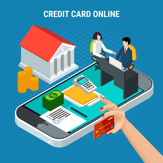Composición isométrica de préstamos con imágenes conceptuales de teléfonos inteligentes y elementos de pago con banco y personas ilustración vectorial