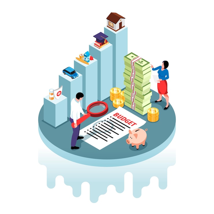 Vector gratuito composición isométrica del presupuesto familiar con personas contando dinero ilustración vectorial