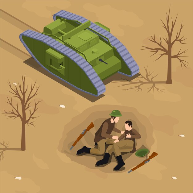 Composición isométrica de la primera guerra mundial con tanque blindado e infantería en la ilustración de vector de atrincheramiento