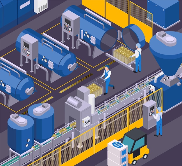 Composición isométrica de producción de alimentos enlatados con vista del departamento de producción y trabajadores con ilustración de vector de línea transportadora en movimiento