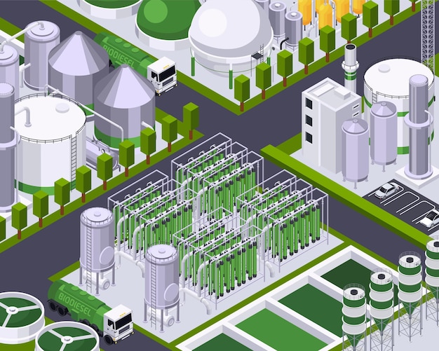 Composición isométrica de producción de biocombustibles de paisajes al aire libre con edificios de fábrica bloquean calles intersección abd camiones ilustración vectorial