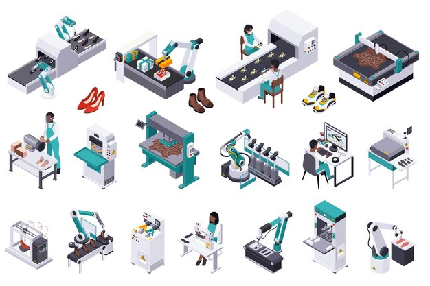 Composición isométrica de producción de calzado con iconos aislados de instalaciones de planta con trabajadores y productos listos ilustración vectorial