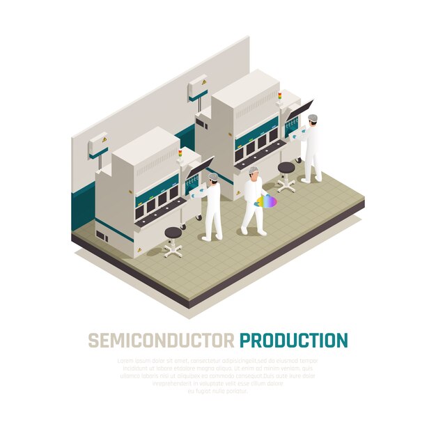 Composición isométrica de producción de chips semiconductores con instalaciones de maquinaria de fábrica de chips de silicio electrónico y trabajadores humanos ilustración vectorial