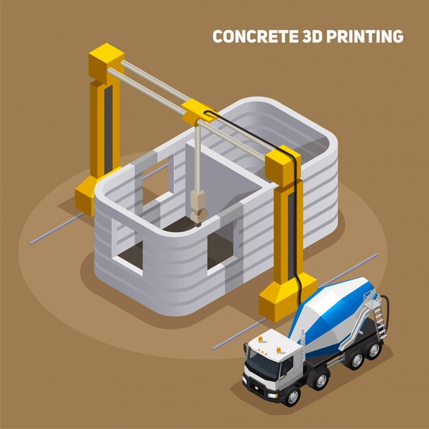 Composición isométrica de producción de hormigón con vista del edificio impreso en 3D en construcción con camión mezclador de cemento