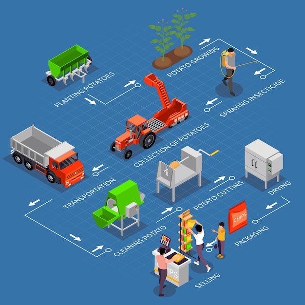 Vector gratuito composición isométrica de producción de papas fritas con imágenes aisladas de flechas de maquinaria de plantas de vehículos y leyendas de texto ilustración vectorial