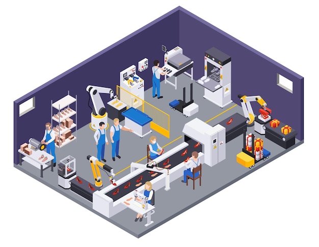 Vector gratuito composición isométrica de producción de zapatos de calzado con vista del departamento de producción con manipulador de instalaciones transportadoras e ilustración de trabajadores