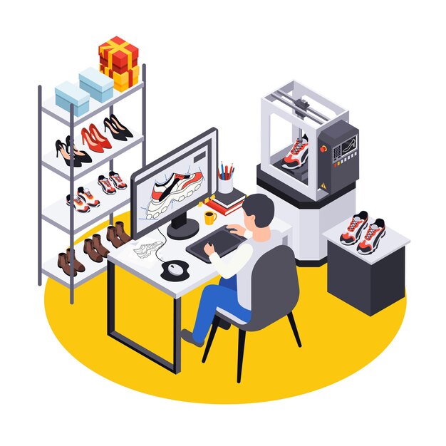 Composición isométrica de producción de zapatos de calzado con vista del lugar de trabajo de los diseñadores con computadora y zapatos en la ilustración de los estantes