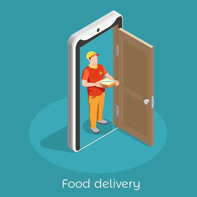 Composición isométrica de profesiones de trabajadores con ilustración de hombre de entrega de alimentos