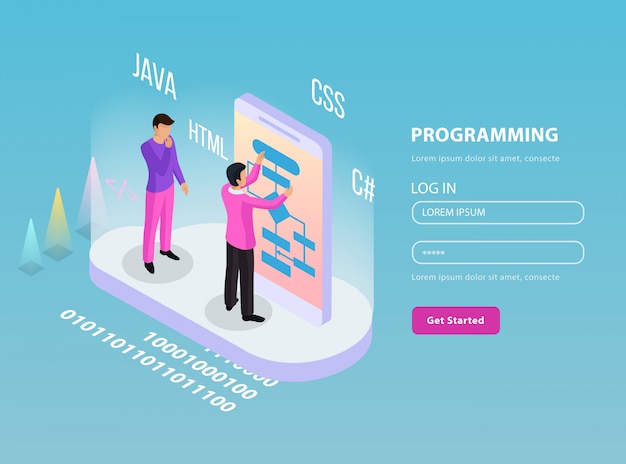 Vector gratuito composición isométrica de programación independiente con dos programadores en el trabajo e iniciar sesión ilustración de líneas de contraseña