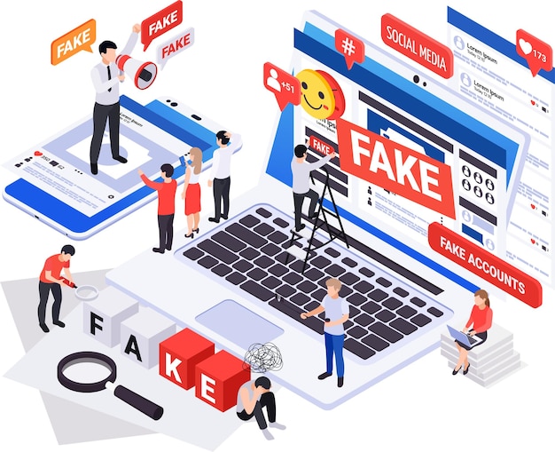 Composición isométrica de propaganda de desinformación de noticias falsas con computadora portátil y teléfono inteligente con redes sociales que difunden información falsa ilustración vectorial