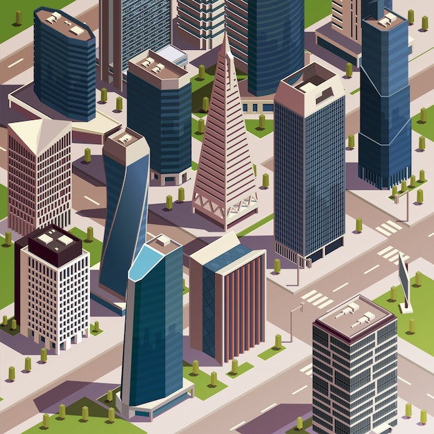 Composición isométrica de rascacielos de la ciudad con vista realista de la manzana moderna con edificios altos y torres ilustración vectorial