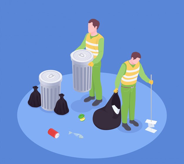 Vector gratuito composición isométrica de reciclaje de residuos de basura con personajes humanos sin rostro de carroñeros con contenedores de basura e ilustración de vector de cepillo