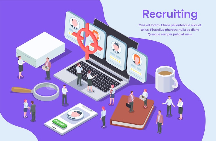 Vector gratuito composición isométrica de reclutamiento en línea de recursos humanos con currículum vitae de candidatos y personajes de reclutamiento