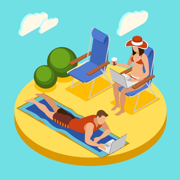 Composición isométrica redonda del día de freelancers con pareja trabajando en computadoras portátiles relajantes en la playa en traje de baño