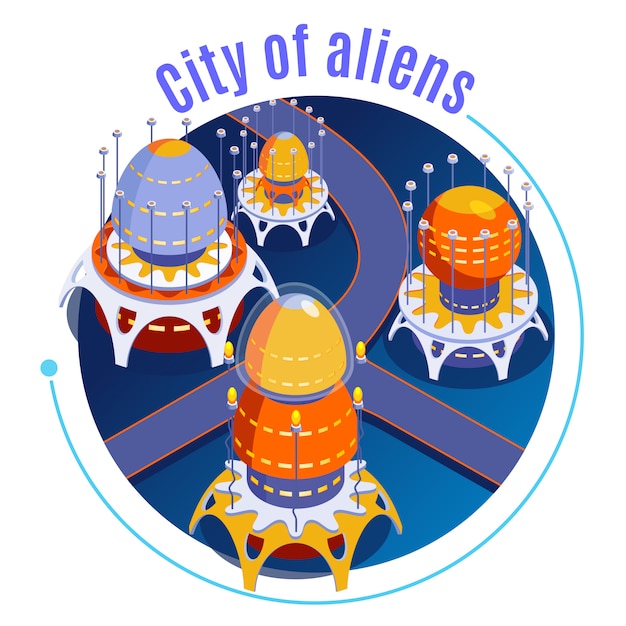 Composición isométrica redonda de extraterrestres con descripciones de la ciudad de extraterrestres y diferentes extraños edificios inusuales ilustración