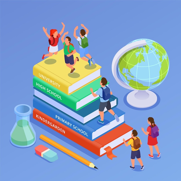 Composición isométrica de regreso a la escuela con un conjunto de libros apilados con globo de niños saltando e ilustración de vector de vial