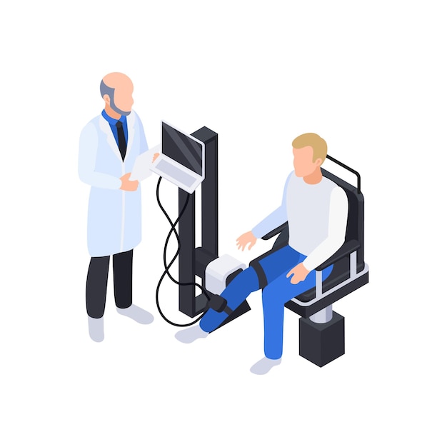 Composición isométrica de rehabilitación de fisioterapia con un médico que examina la pierna del paciente en la ilustración del aparato electrónico