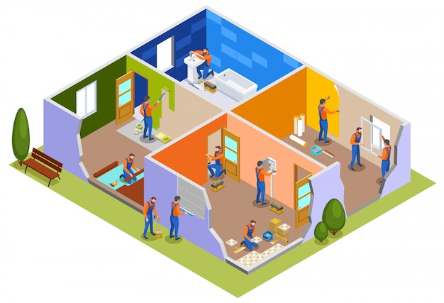 Composición isométrica de reparación del hogar con trabajadores en el interior del apartamento involucrados en la pintura de paredes, colocación de azulejos, puertas, instalación, plomería, trabajo, ilustración