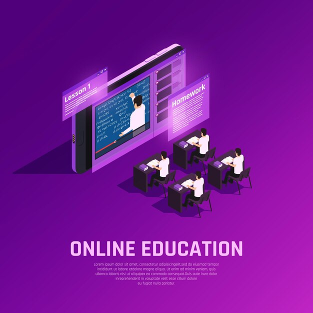 Composición isométrica resplandor de educación en línea con aula futurista conceptual con estudiantes y docentes en pantalla