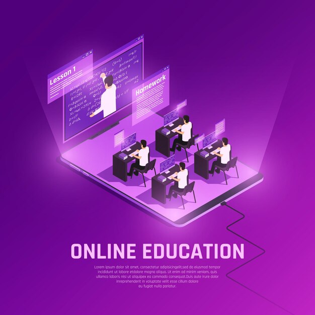 Composición isométrica de resplandor de educación en línea con vista del entorno de alta tecnología con computadoras y maestros