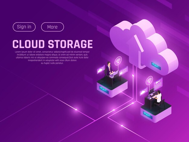 Composición isométrica de resplandor de oficina en la nube con pictogramas de nube de botones de texto editable y dos espacios de trabajo modernos