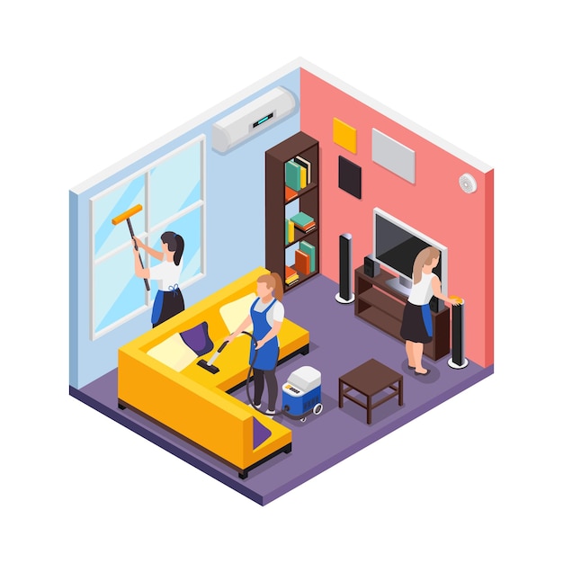 Composición isométrica con sala de estar limpiada por trabajadores del servicio de limpieza profesional ilustración vectorial 3d