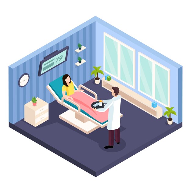 Composición isométrica de la salud de las mujeres con vista interior de la habitación del hospital personajes femeninos de paciente y consulta