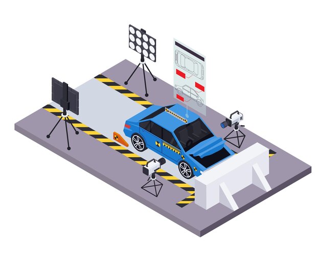 Composición isométrica de seguridad del automóvil de prueba de choque con cámaras de equipo de iluminación de escenario de pista de prueba e ilustración de vector de automóvil de inmersión