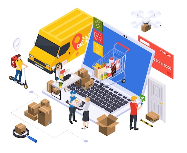 Composición isométrica del servicio de entrega con computadora portátil rodeada de cajas de paquetes, empleados de la compañía de envío y vehículos de carga, ilustración vectorial