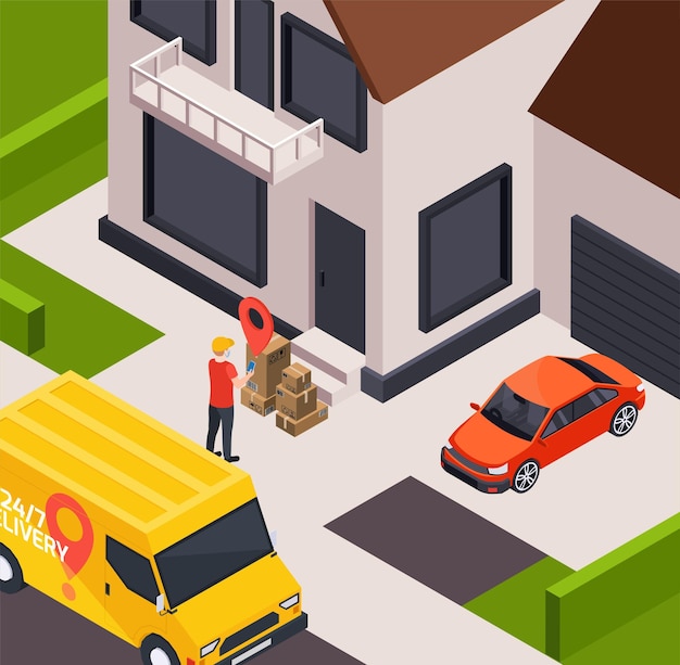 Composición isométrica del servicio de entrega con vista exterior de la casa con furgoneta amarilla y mensajero con ilustración vectorial de paquetes