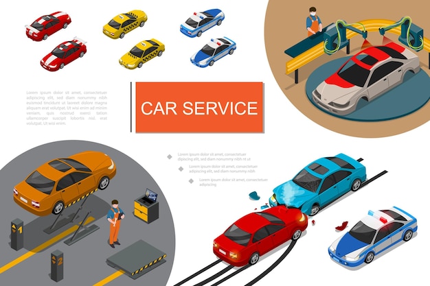 Composición isométrica del servicio de garaje con procesos de reparación y pintura de automóviles, mecánica automotriz, taxis deportivos, coches de policía y accidentes.