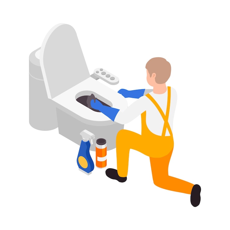 Vector gratuito composición isométrica del servicio de limpieza profesional con carácter de hombre limpiando la taza del inodoro en la ilustración de vector de fondo en blanco