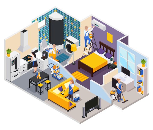 Composición isométrica del servicio de limpieza profesional con vista de perfil de habitaciones de apartamentos privados con trabajadores en uniforme ilustración