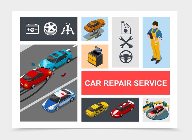 Composición isométrica del servicio de reparación de automóviles con accidente en la carretera, policía, taxi, automóviles deportivos, mecánica, proceso de pintura de automóviles, iconos de automóviles