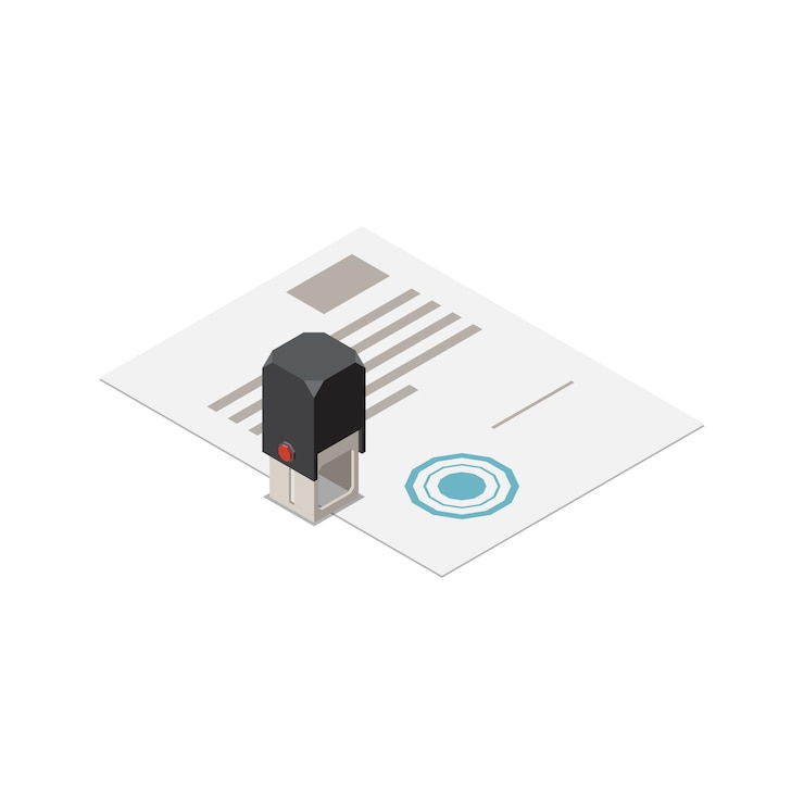 Vector gratuito composición isométrica de servicios notariales con acuerdo en papel e ilustración de vector de sello húmedo