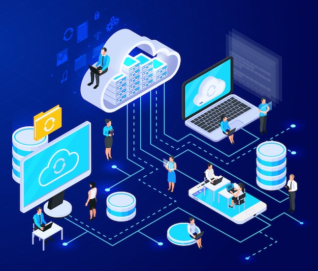 Composición isométrica de servicios en la nube con grandes elementos de infraestructura de computación en la nube conectados con líneas discontinuas ilustración vectorial