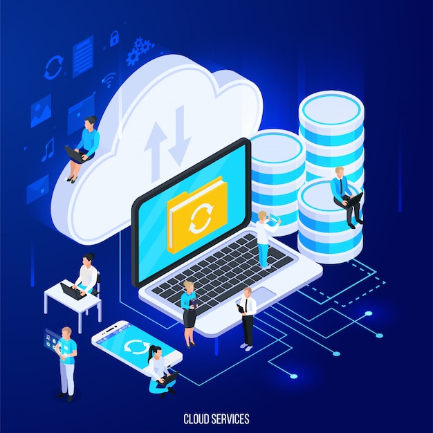 Vector gratuito composición isométrica de servicios en la nube con pictogramas de silueta plana y gran almacenamiento en la nube con ilustración de vector de personas