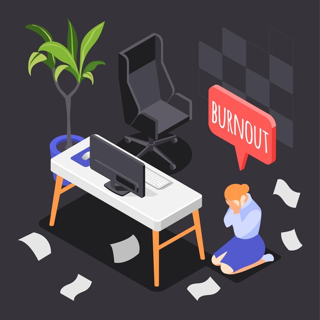 Composición isométrica del síndrome de burn-out con símbolos de exceso de trabajo y horas extra