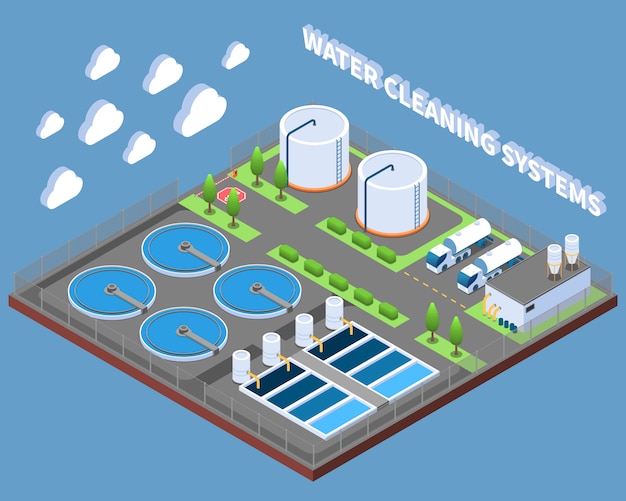 Composición isométrica de sistemas de limpieza de agua con instalaciones de tratamiento industrial y camiones de reparto ilustración vectorial